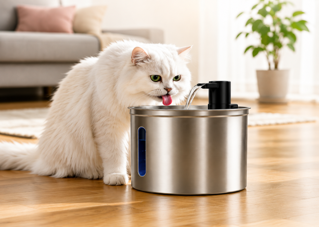 Fonte inox 3L para gatos do reino do gato, água circulando, ideal para hidratação diária felina.